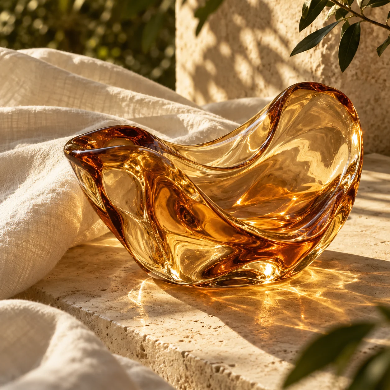 Évocation de Ambre : lumière dorée et verre ambré.
