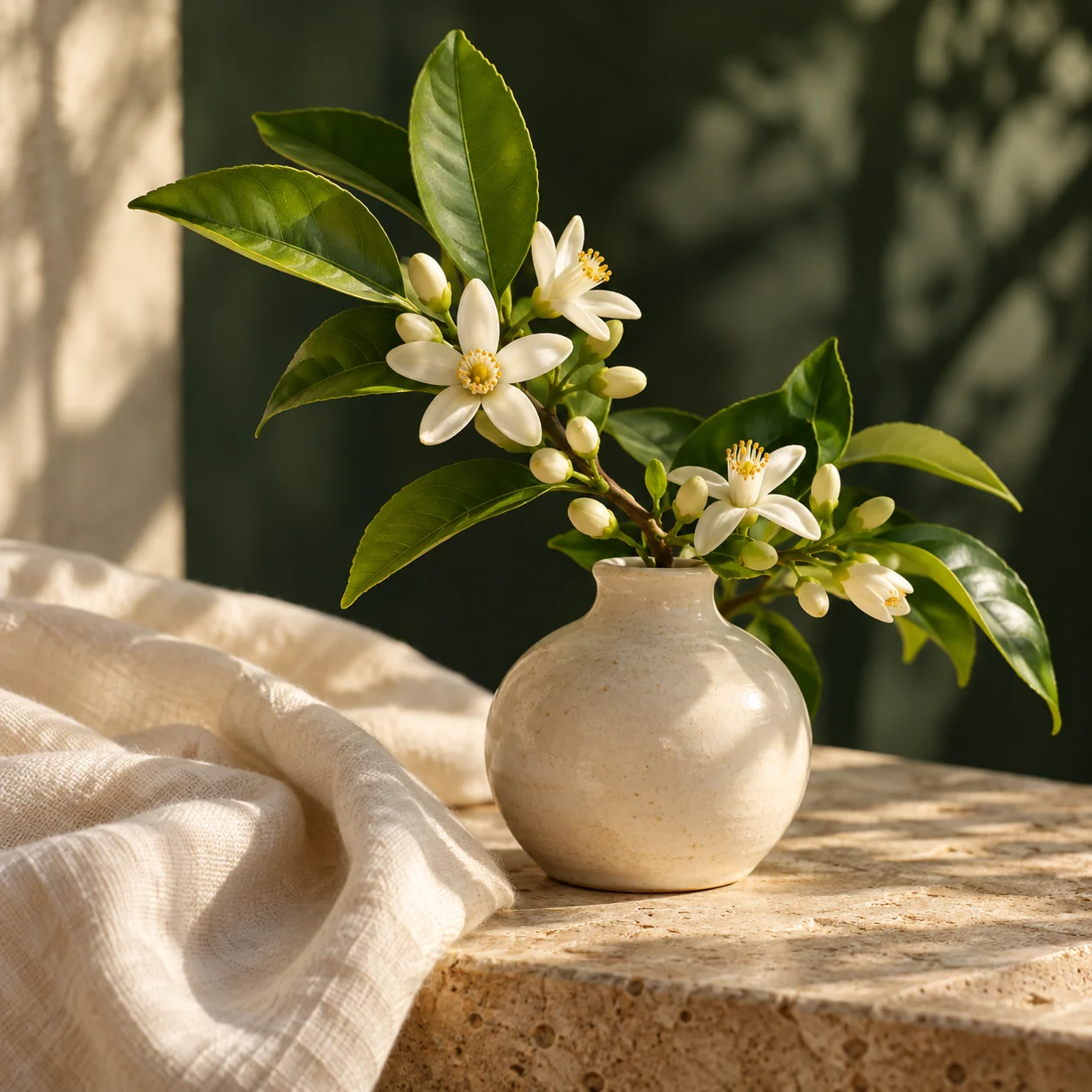 Évocation de Fleur d’Oranger : fleurs blanches et feuillage.