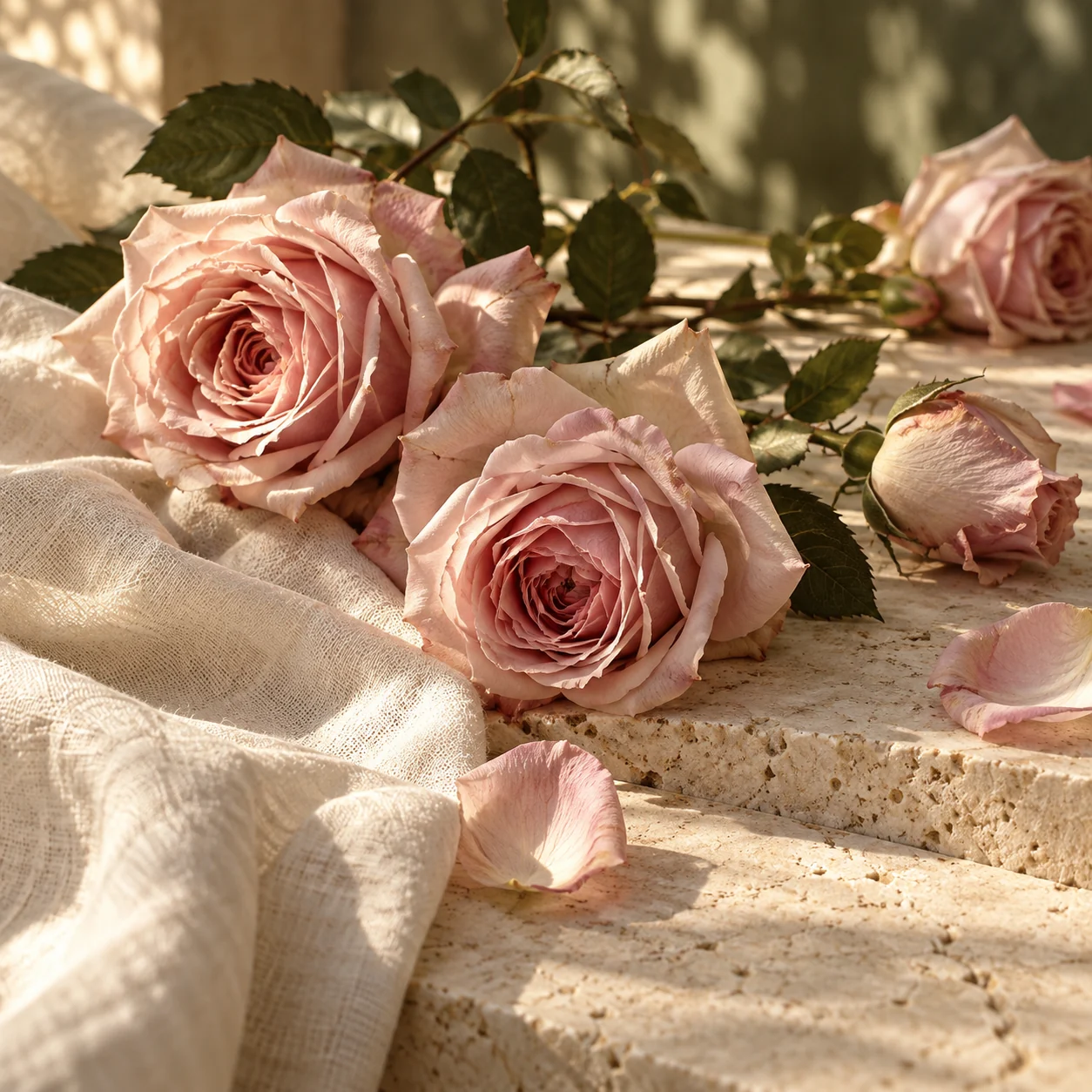 Évocation de Rose : fleurs roses sur pierre claire.