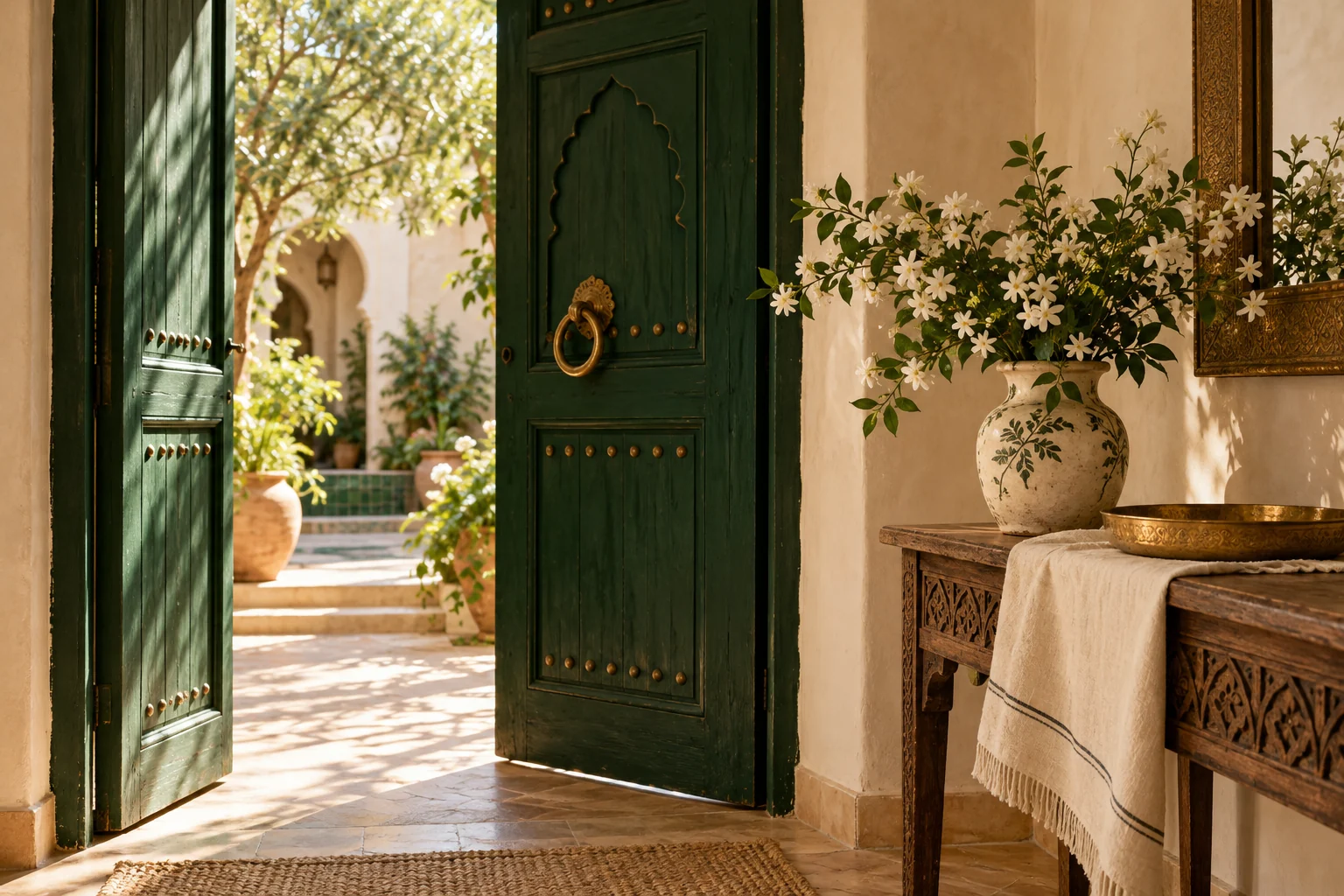 Intérieur marocain imaginé, porte verte, fleurs blanches et détails en laiton.