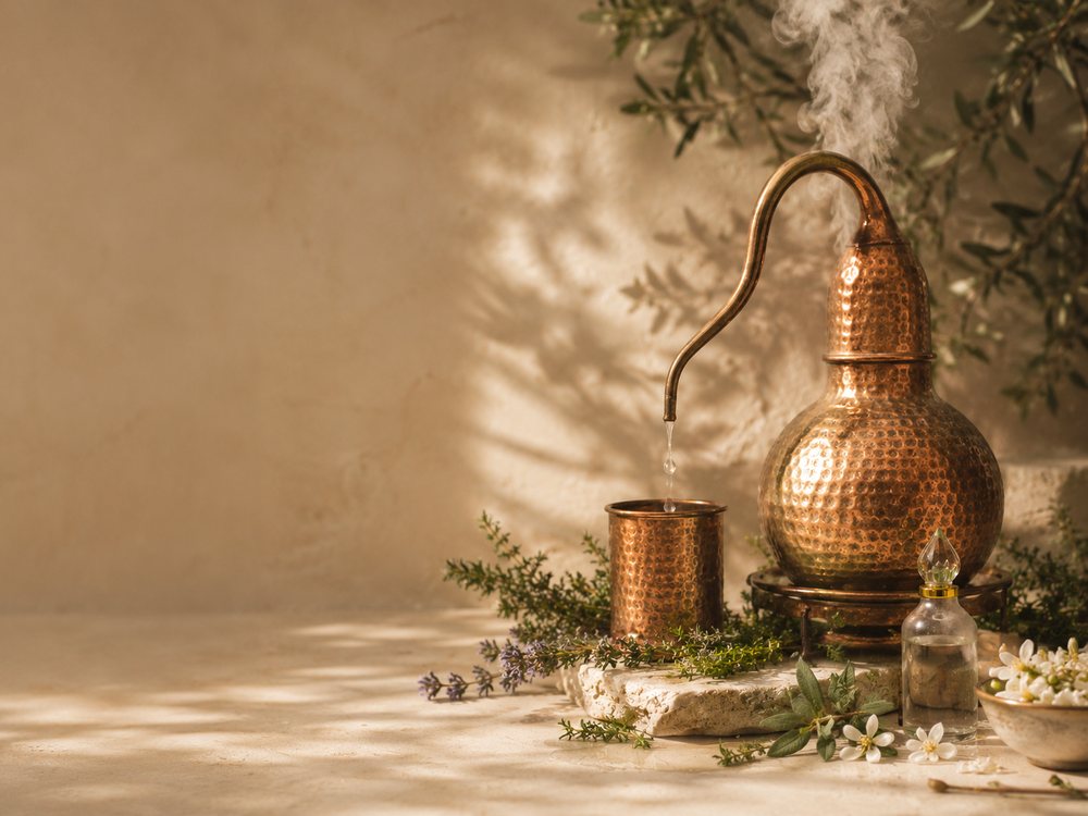 Alambic en cuivre rouge en pleine distillation, vapeur et goutte d’huile essentielle, entouré de plantes fraîches