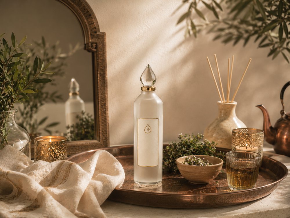 Plateau marocain avec un diffuseur Qatra Bio, du thé à la menthe et une bougie
