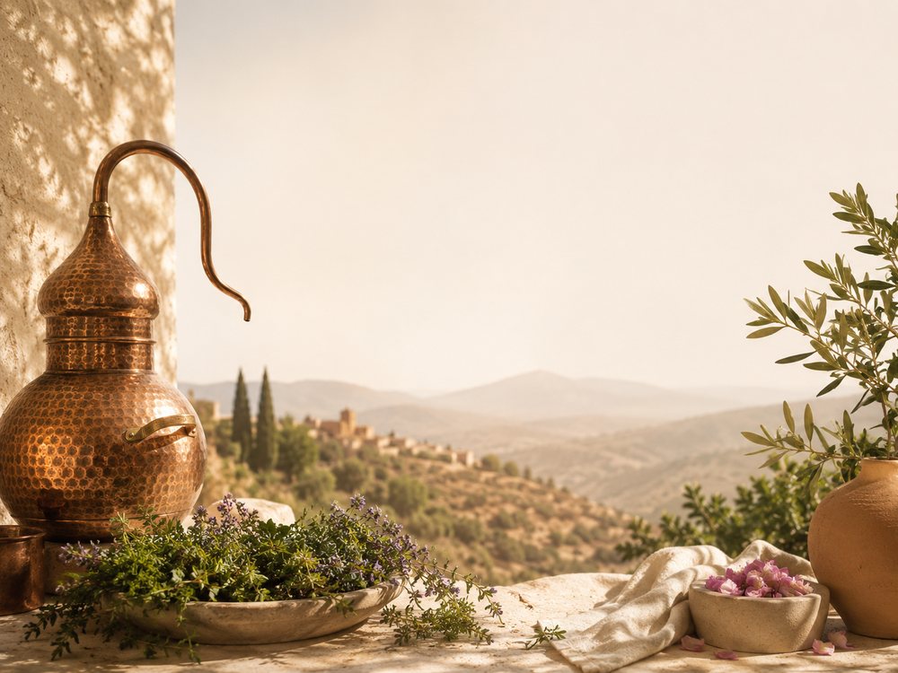 Alambic en cuivre sur une terrasse, dominant les collines autour de Taza, au Maroc